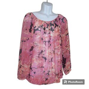 CAbi Blouse, Women M, Brown with Pink Floral Print, Sheer, Long Sleeve, EUC